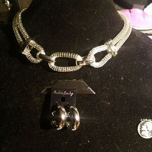 Silver Choker Necklace & Earrings hoops
